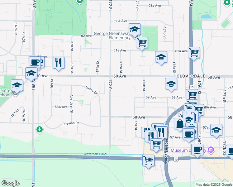 map of restaurants, bars, coffee shops, grocery stores, and more near 17223 59 Avenue in Surrey