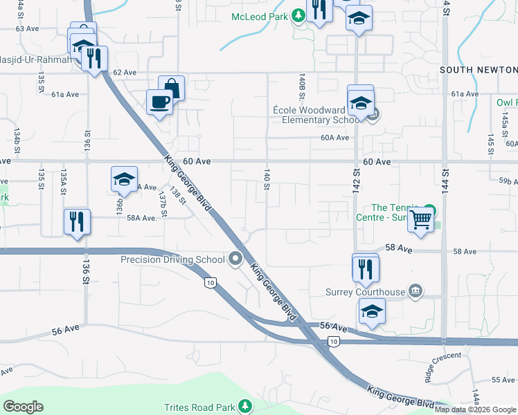 map of restaurants, bars, coffee shops, grocery stores, and more near 5887 140 Street in Surrey