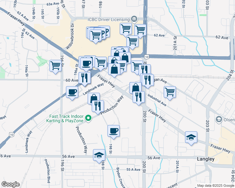 map of restaurants, bars, coffee shops, grocery stores, and more near 5923 Production Way in Langley