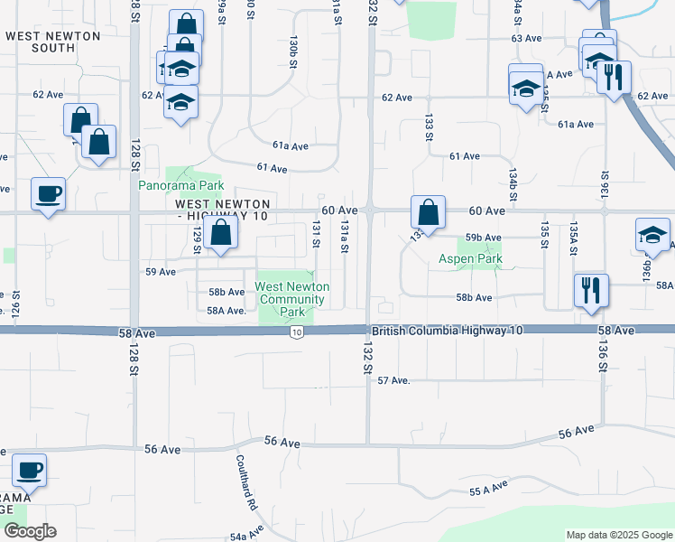 map of restaurants, bars, coffee shops, grocery stores, and more near 5911 131A Street in Surrey