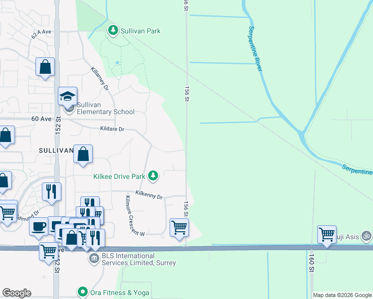 map of restaurants, bars, coffee shops, grocery stores, and more near 59 Avenue in Surrey
