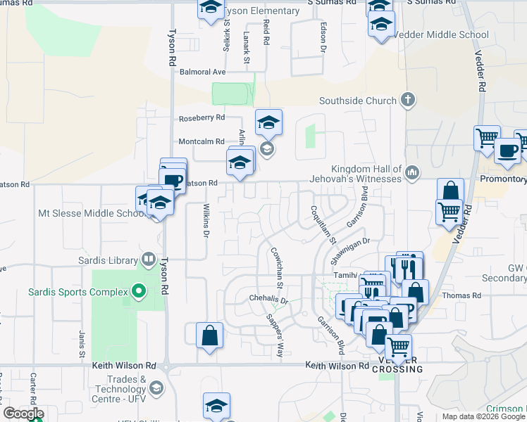 map of restaurants, bars, coffee shops, grocery stores, and more near 5882 Cowichan Street in Chilliwack
