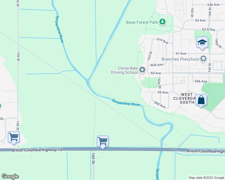 map of restaurants, bars, coffee shops, grocery stores, and more near 16087 59 Avenue in Surrey