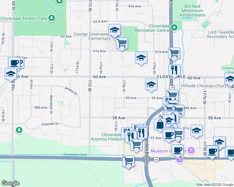 map of restaurants, bars, coffee shops, grocery stores, and more near 5922 173 Street in Surrey