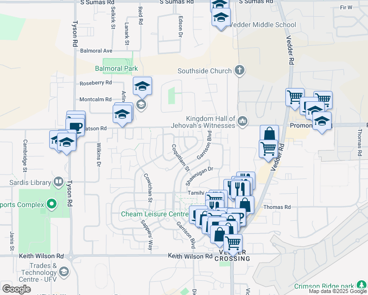 map of restaurants, bars, coffee shops, grocery stores, and more near 5949 Officers Row in Chilliwack