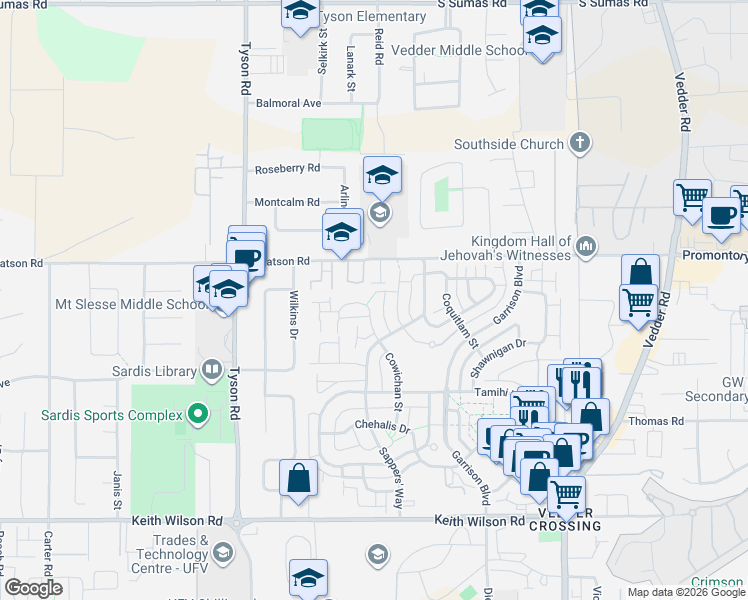 map of restaurants, bars, coffee shops, grocery stores, and more near 5878 Cowichan Street in Chilliwack