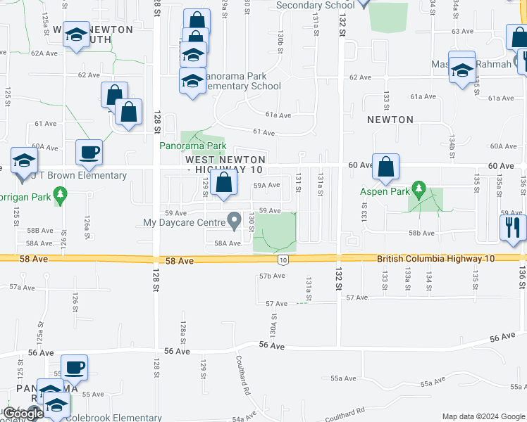 map of restaurants, bars, coffee shops, grocery stores, and more near 13033 59 Avenue in Surrey