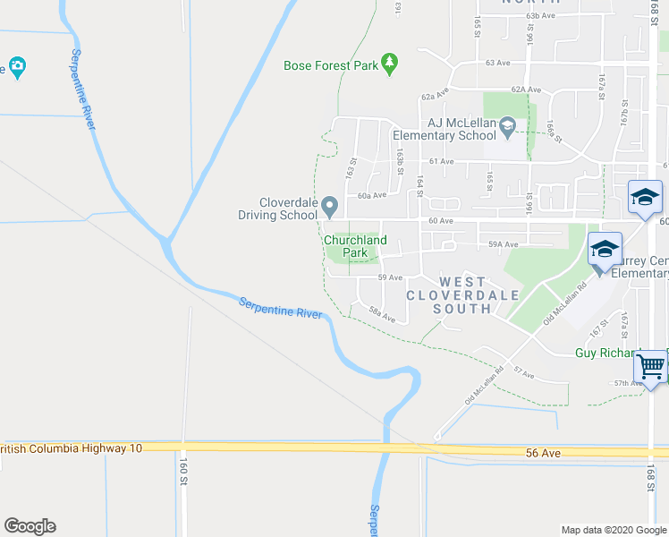 map of restaurants, bars, coffee shops, grocery stores, and more near 5920 162A Street in Surrey