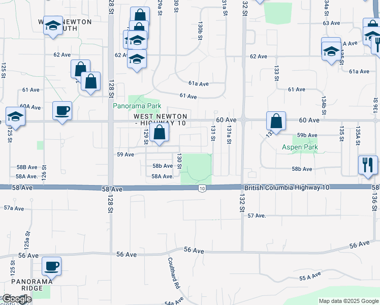 map of restaurants, bars, coffee shops, grocery stores, and more near 13033 59 Avenue in Surrey