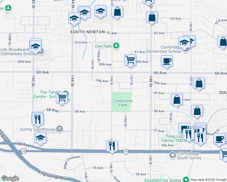 map of restaurants, bars, coffee shops, grocery stores, and more near 5906 146 Street in Surrey