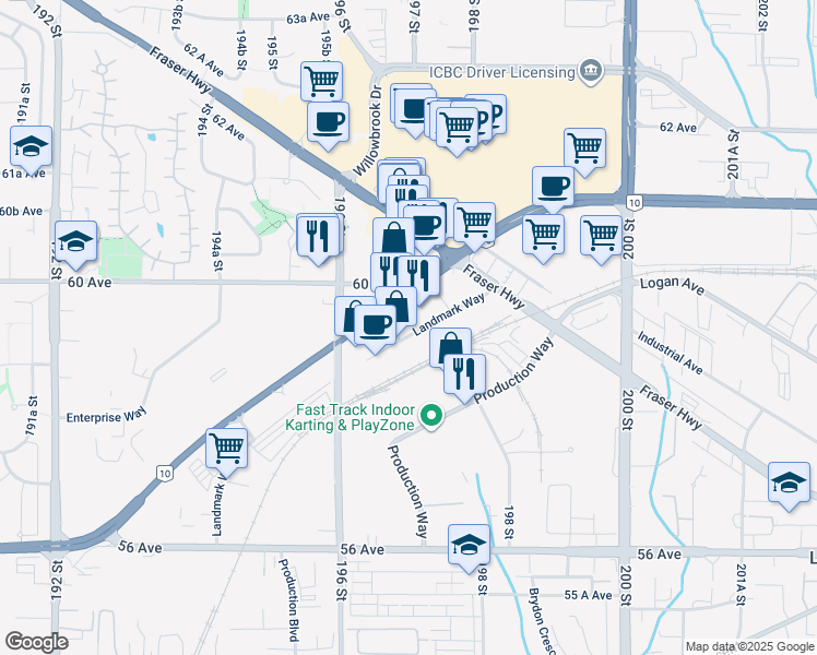 map of restaurants, bars, coffee shops, grocery stores, and more near 19700 Langley Bypass in Langley City