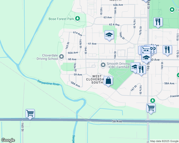 map of restaurants, bars, coffee shops, grocery stores, and more near 5903 164A Street in Surrey