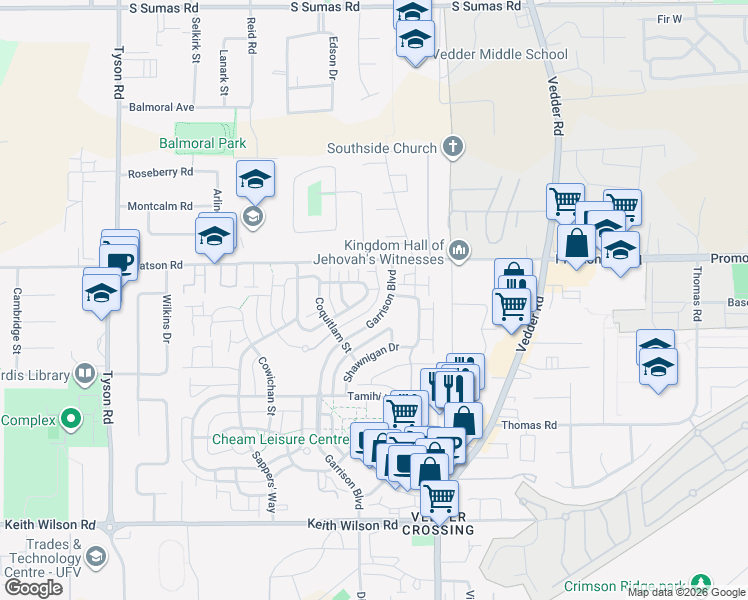 map of restaurants, bars, coffee shops, grocery stores, and more near 5870 Cheamview Crescent in Chilliwack