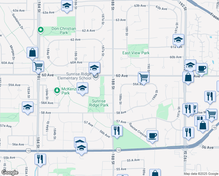 map of restaurants, bars, coffee shops, grocery stores, and more near 5926 187A Street in Surrey