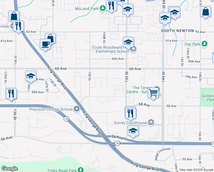 map of restaurants, bars, coffee shops, grocery stores, and more near 5933 141 Street in Surrey