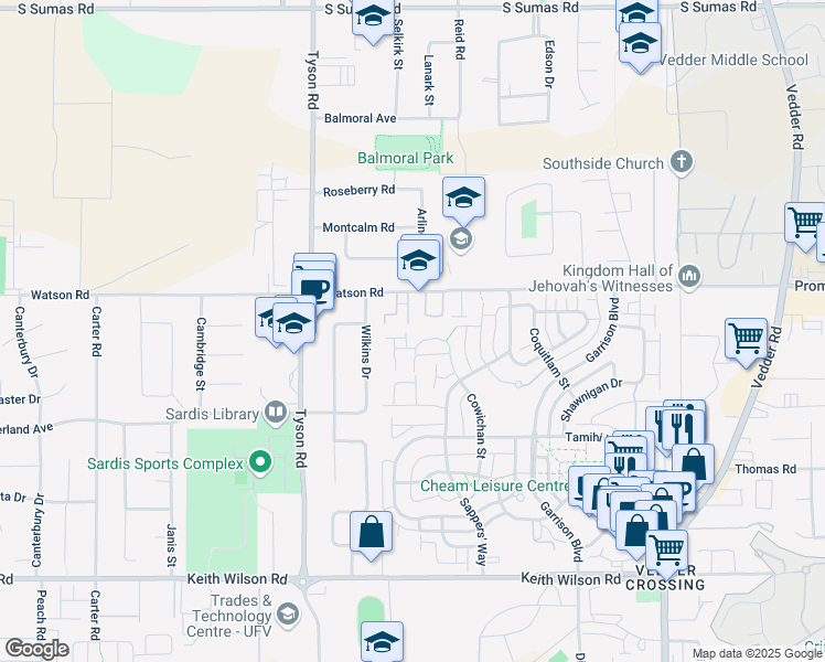 map of restaurants, bars, coffee shops, grocery stores, and more near 5960 Cowichan Street in Chilliwack