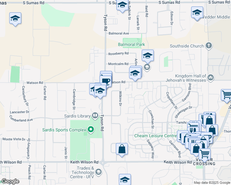 map of restaurants, bars, coffee shops, grocery stores, and more near 5974 Birmingham Place in Chilliwack