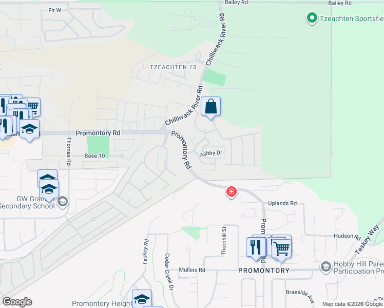map of restaurants, bars, coffee shops, grocery stores, and more near 46364 Bedford Parkway in Chilliwack