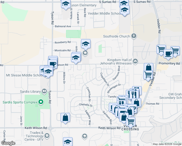 map of restaurants, bars, coffee shops, grocery stores, and more near 5976 Matsqui Street in Chilliwack