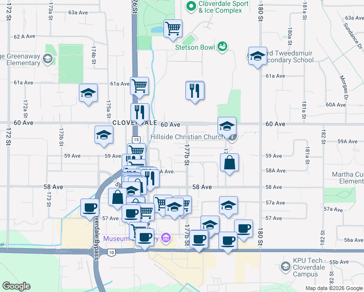 map of restaurants, bars, coffee shops, grocery stores, and more near 5925 177B Street in Surrey