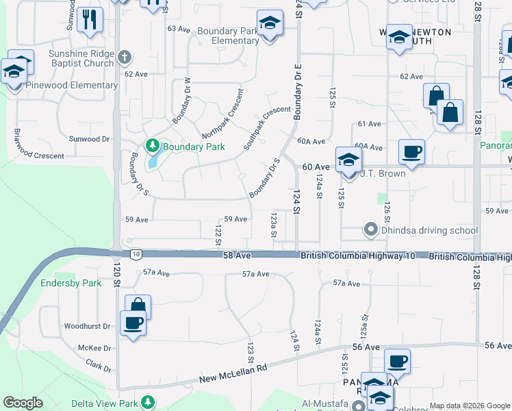 map of restaurants, bars, coffee shops, grocery stores, and more near 5916 123 Street in Surrey