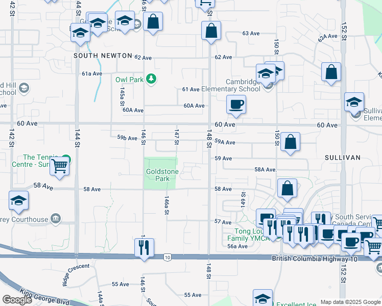 map of restaurants, bars, coffee shops, grocery stores, and more near 14752 59 Avenue in Surrey