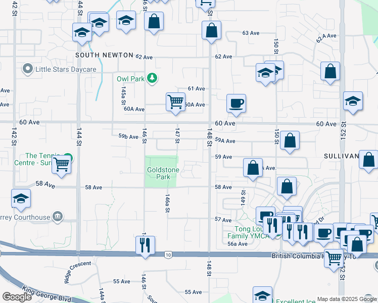 map of restaurants, bars, coffee shops, grocery stores, and more near in Surrey