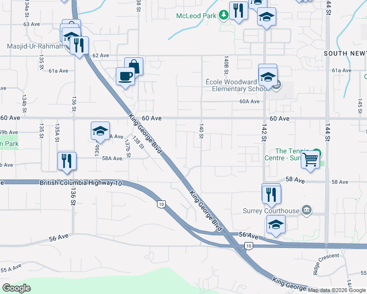 map of restaurants, bars, coffee shops, grocery stores, and more near 5911 139A Street in Surrey