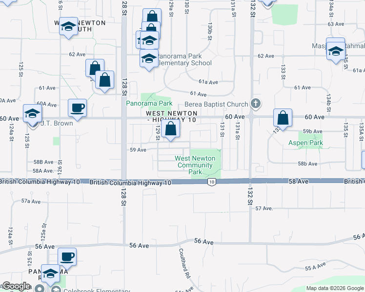 map of restaurants, bars, coffee shops, grocery stores, and more near 12991 59 Avenue in Surrey