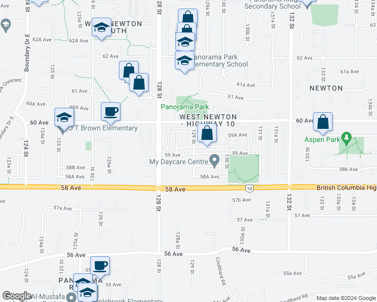 map of restaurants, bars, coffee shops, grocery stores, and more near 12889 59 Avenue in Surrey