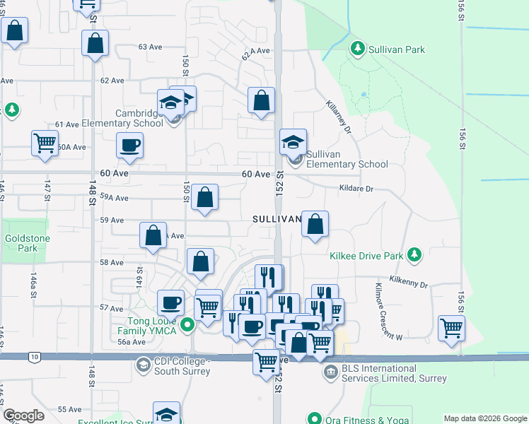 map of restaurants, bars, coffee shops, grocery stores, and more near 5957 152 Street in Surrey