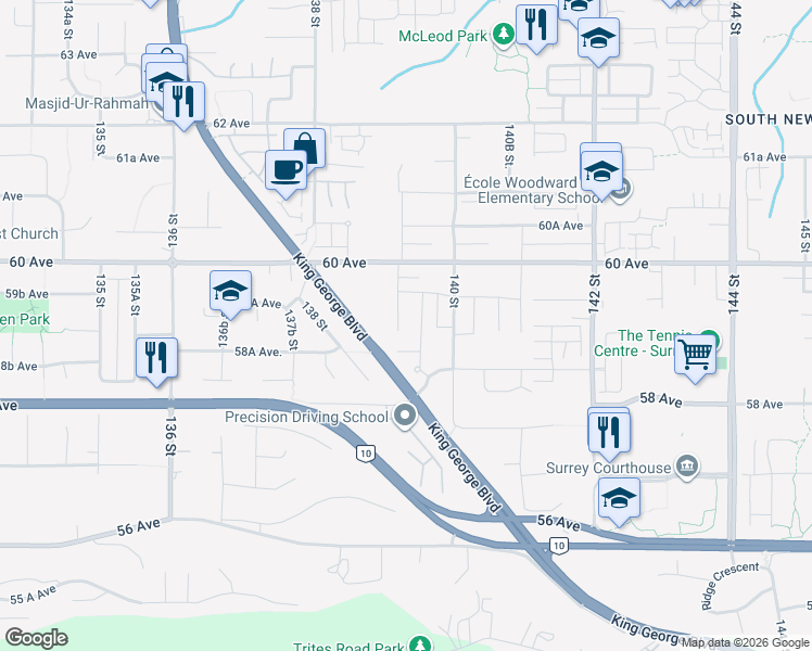map of restaurants, bars, coffee shops, grocery stores, and more near 5916 139 Street in Surrey