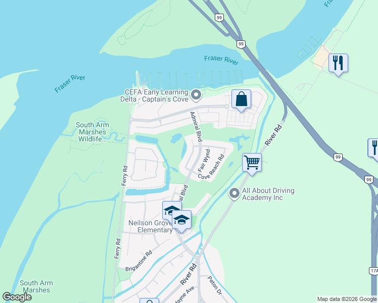 map of restaurants, bars, coffee shops, grocery stores, and more near 5845 Cove Link Road in Delta