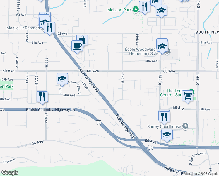 map of restaurants, bars, coffee shops, grocery stores, and more near 5916 139 Street in Surrey