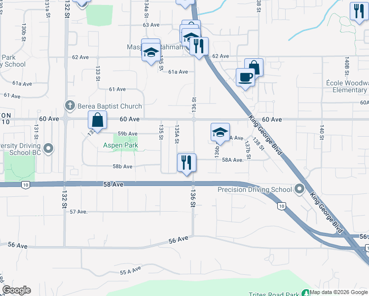 map of restaurants, bars, coffee shops, grocery stores, and more near 13661 59 Avenue in Surrey