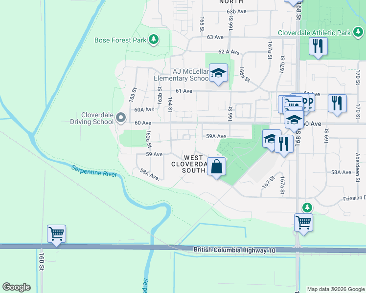 map of restaurants, bars, coffee shops, grocery stores, and more near 5910 164A Street in Surrey