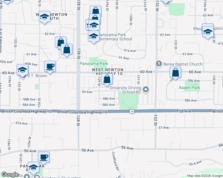 map of restaurants, bars, coffee shops, grocery stores, and more near 12975 59 Avenue in Surrey