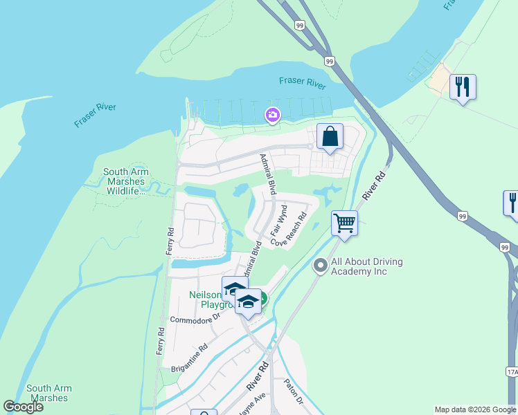 map of restaurants, bars, coffee shops, grocery stores, and more near 5863 Cove Link Road in Delta