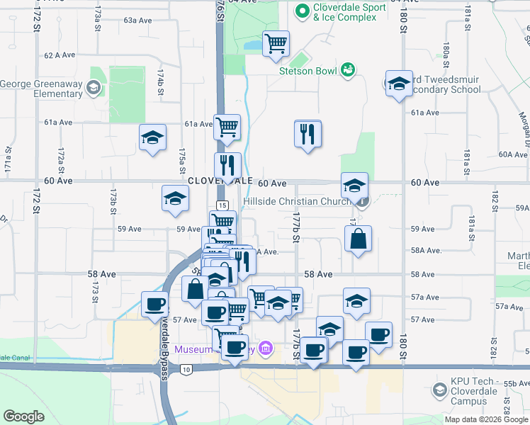 map of restaurants, bars, coffee shops, grocery stores, and more near 17706 60 Avenue in Surrey