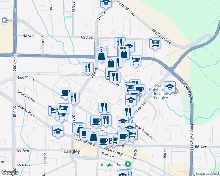 map of restaurants, bars, coffee shops, grocery stores, and more near 20540 Duncan Way in Langley