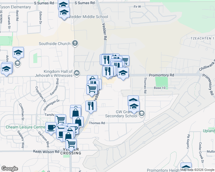 map of restaurants, bars, coffee shops, grocery stores, and more near 5926 Vedder Road in Chilliwack