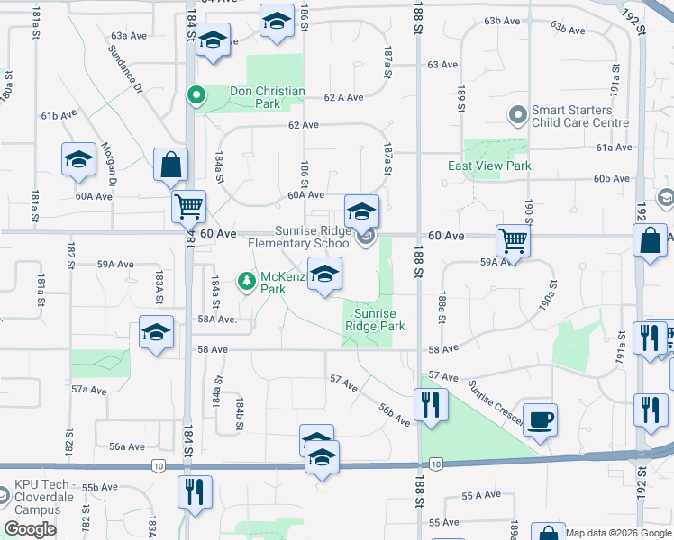 map of restaurants, bars, coffee shops, grocery stores, and more near 5938 186A Street in Surrey