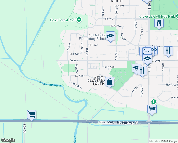 map of restaurants, bars, coffee shops, grocery stores, and more near 5932 164 Street in Surrey