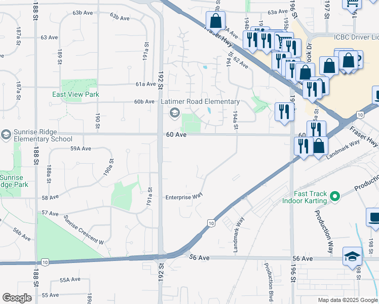 map of restaurants, bars, coffee shops, grocery stores, and more near in Surrey