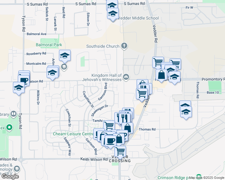map of restaurants, bars, coffee shops, grocery stores, and more near 45550 Shawnigan Crescent in Chilliwack