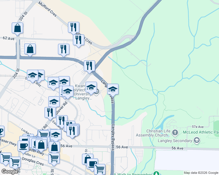 map of restaurants, bars, coffee shops, grocery stores, and more near 22702 Langley Bypass in Langley