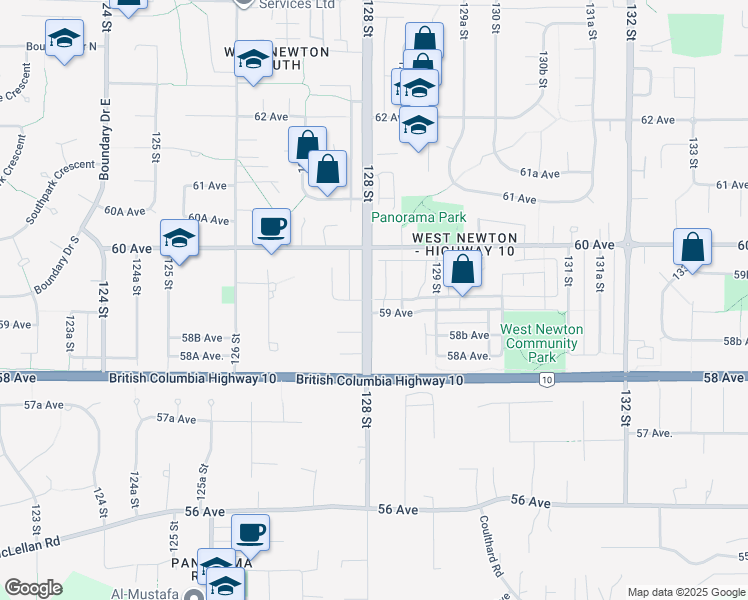 map of restaurants, bars, coffee shops, grocery stores, and more near 5930 128 Street in Surrey