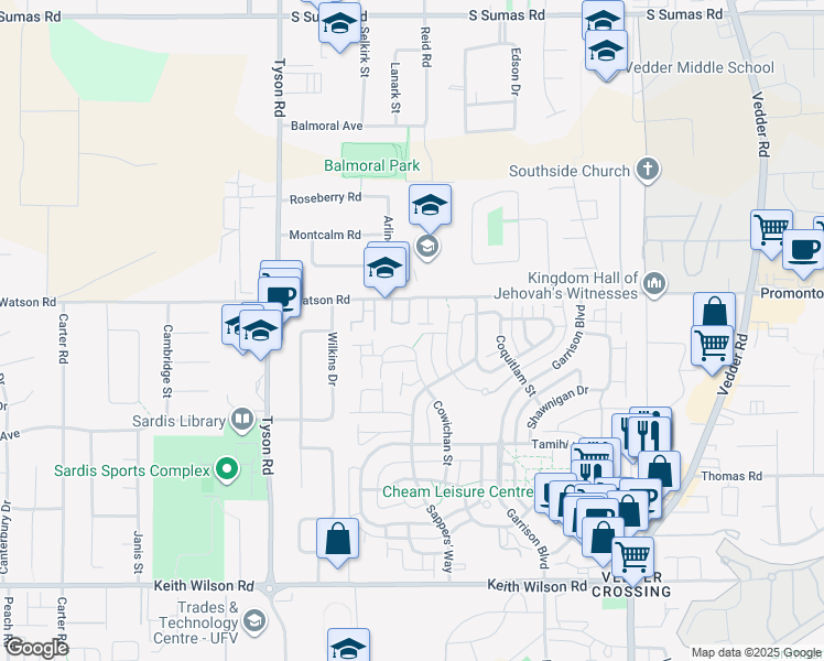 map of restaurants, bars, coffee shops, grocery stores, and more near 45286 Watson Road in Chilliwack