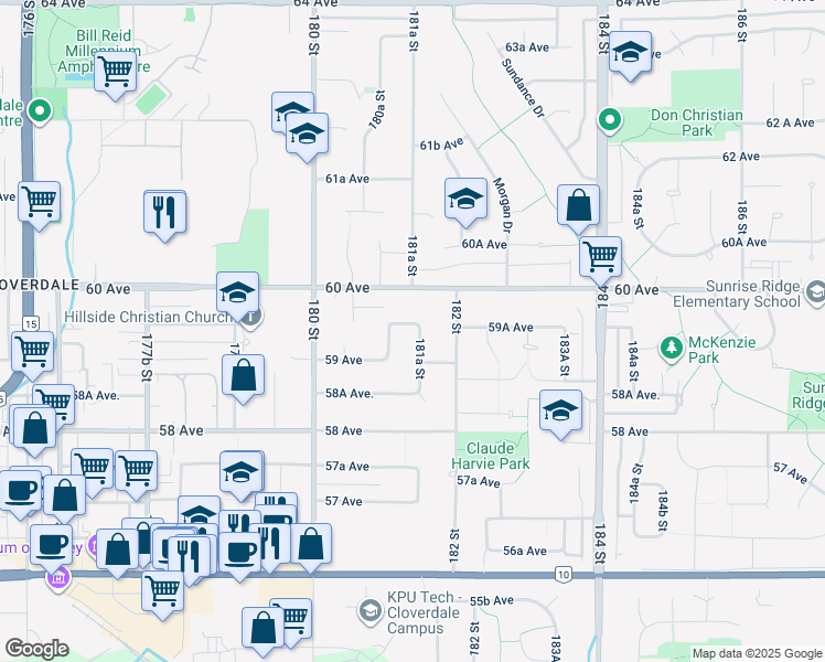 map of restaurants, bars, coffee shops, grocery stores, and more near 18138 59A Avenue in Surrey