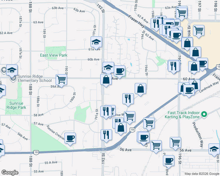 map of restaurants, bars, coffee shops, grocery stores, and more near 19234 59A Avenue in Surrey